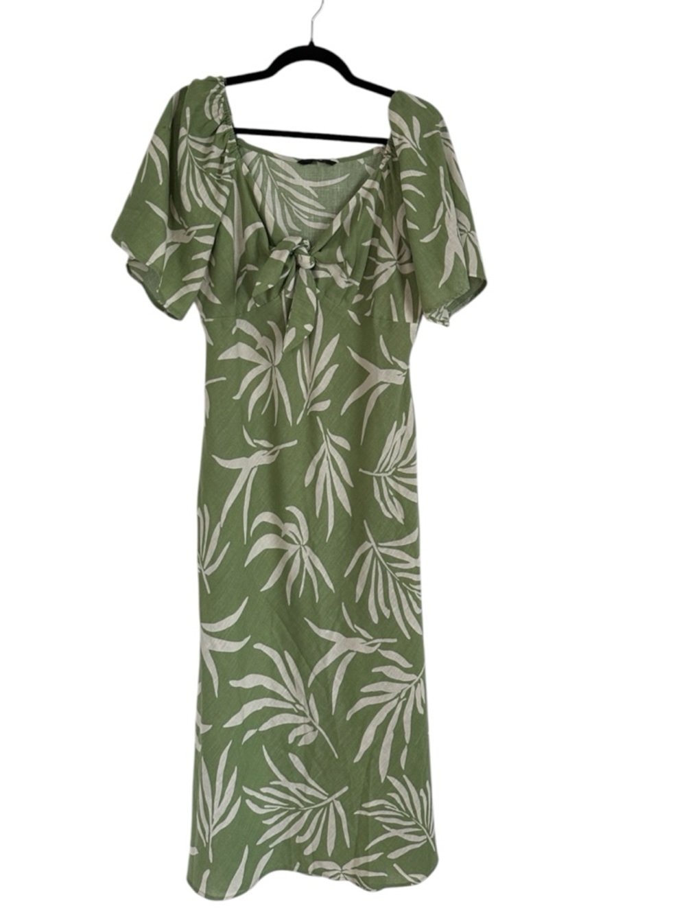 Green Tropical Print Tie-Front Midi Dress
